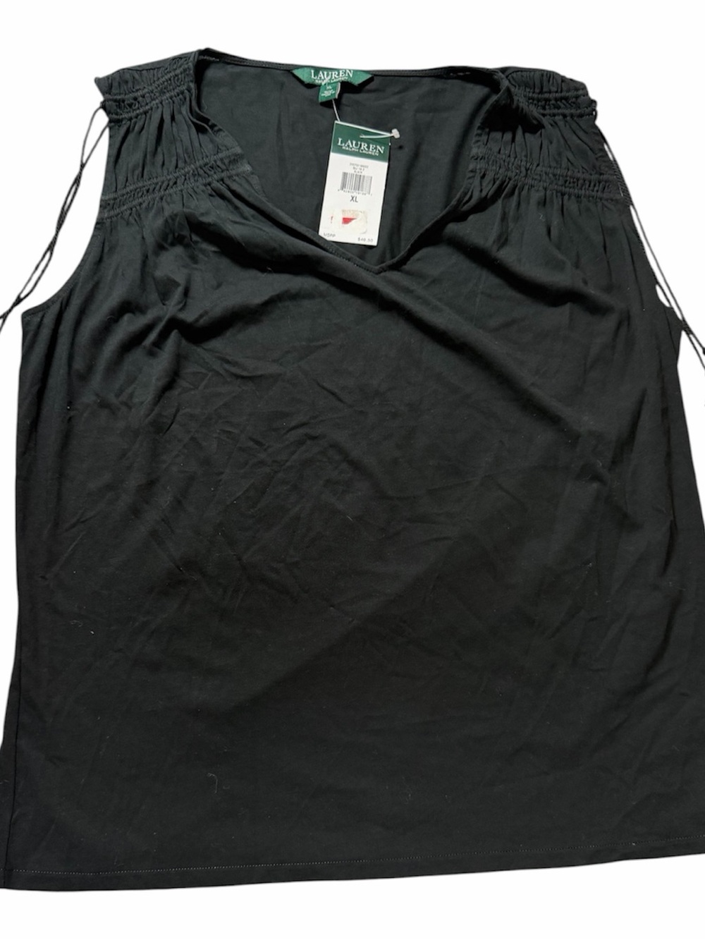 Lauren Ralph Lauren Black Sleeveless Blouse XL Drawstring Shoulder Top NWT